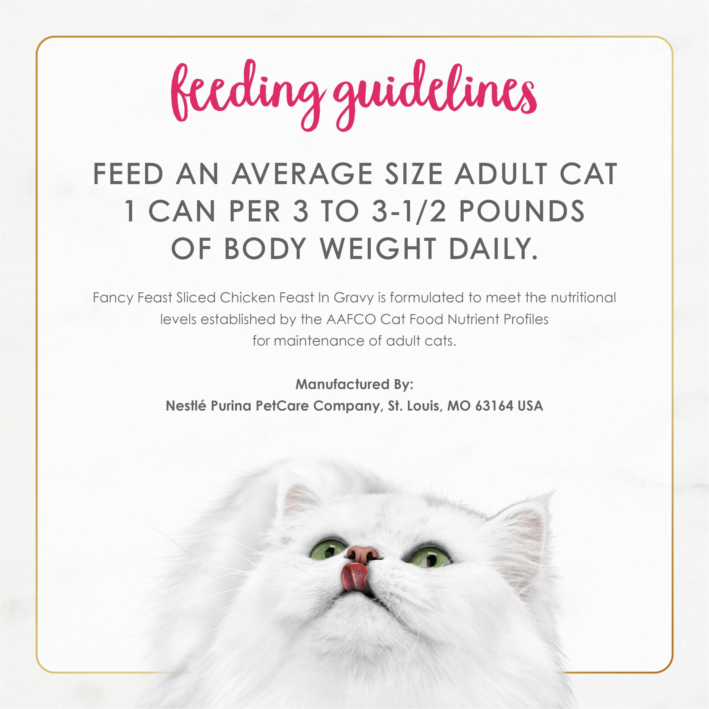 Fancy Feast nutrition label noting complete and balanced nutrition for adult cats.