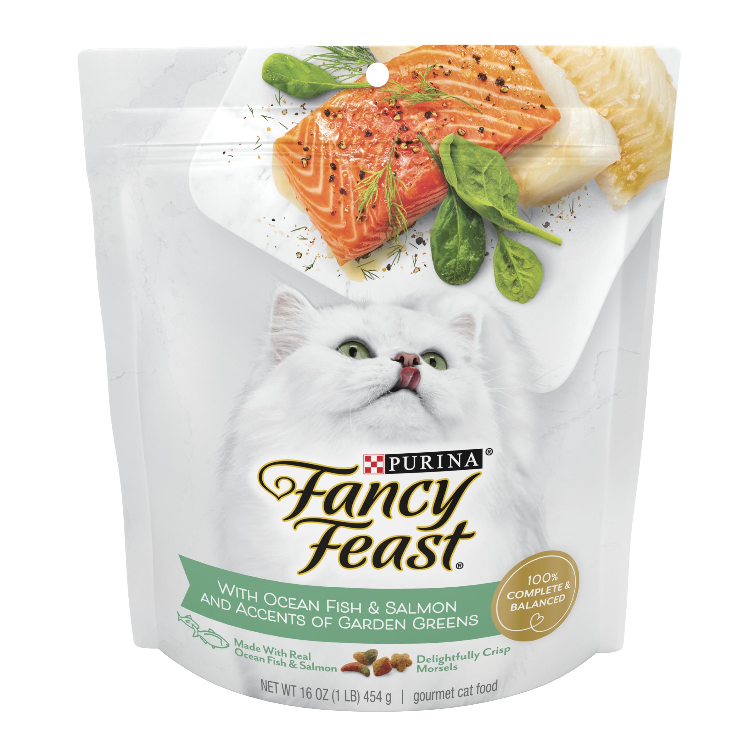 Fancy Feast ocean fish and salmon crunchy morsels close-up showing crisp texture