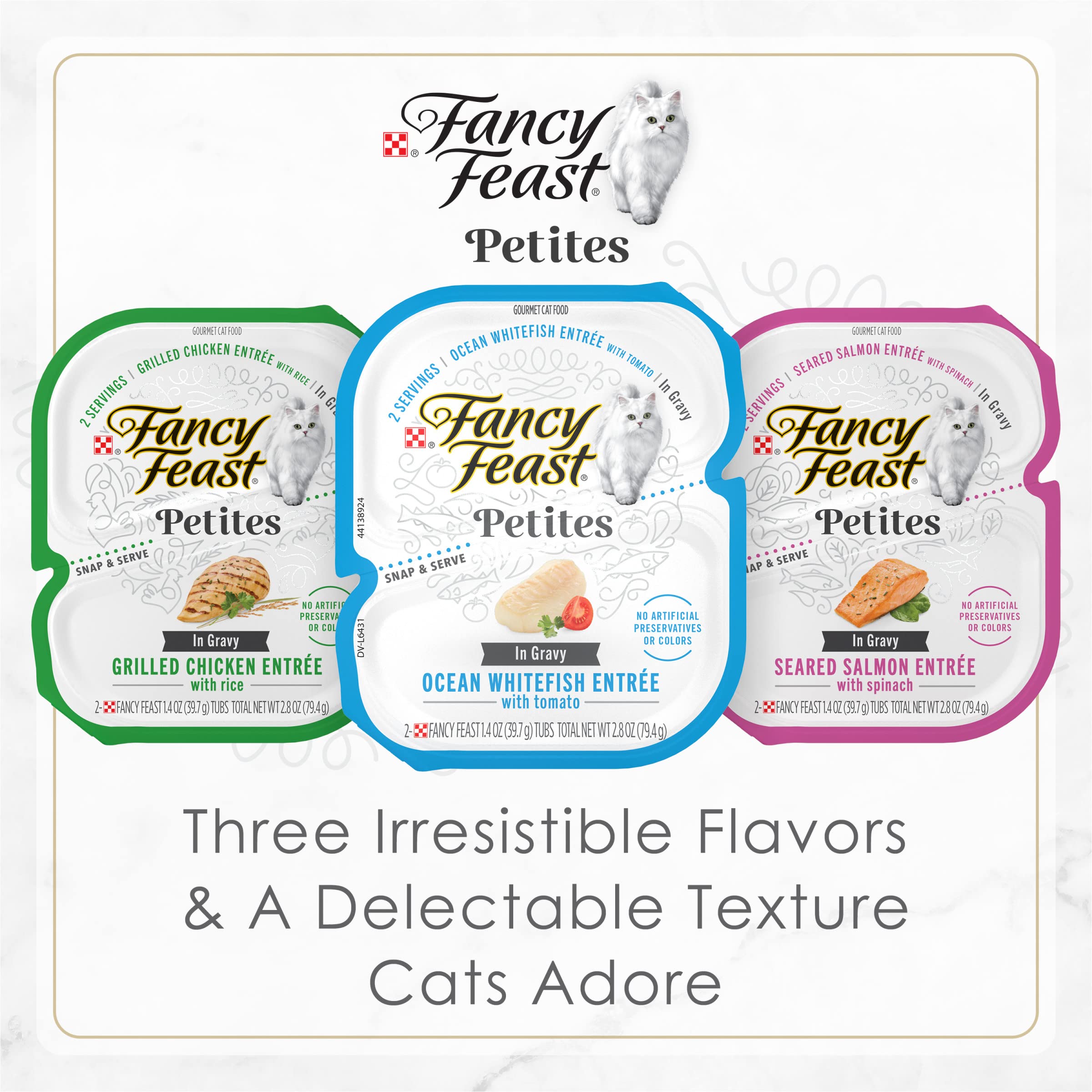 Fancy Feast Ocean Whitefish Entree Tomato Gravy tub close-up with appetizing aroma.