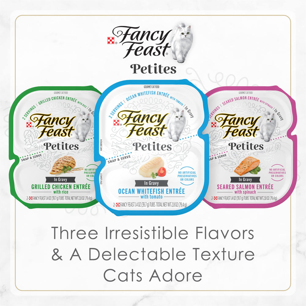 Fancy Feast Ocean Whitefish Entree Tomato Gravy tub close-up with appetizing aroma.