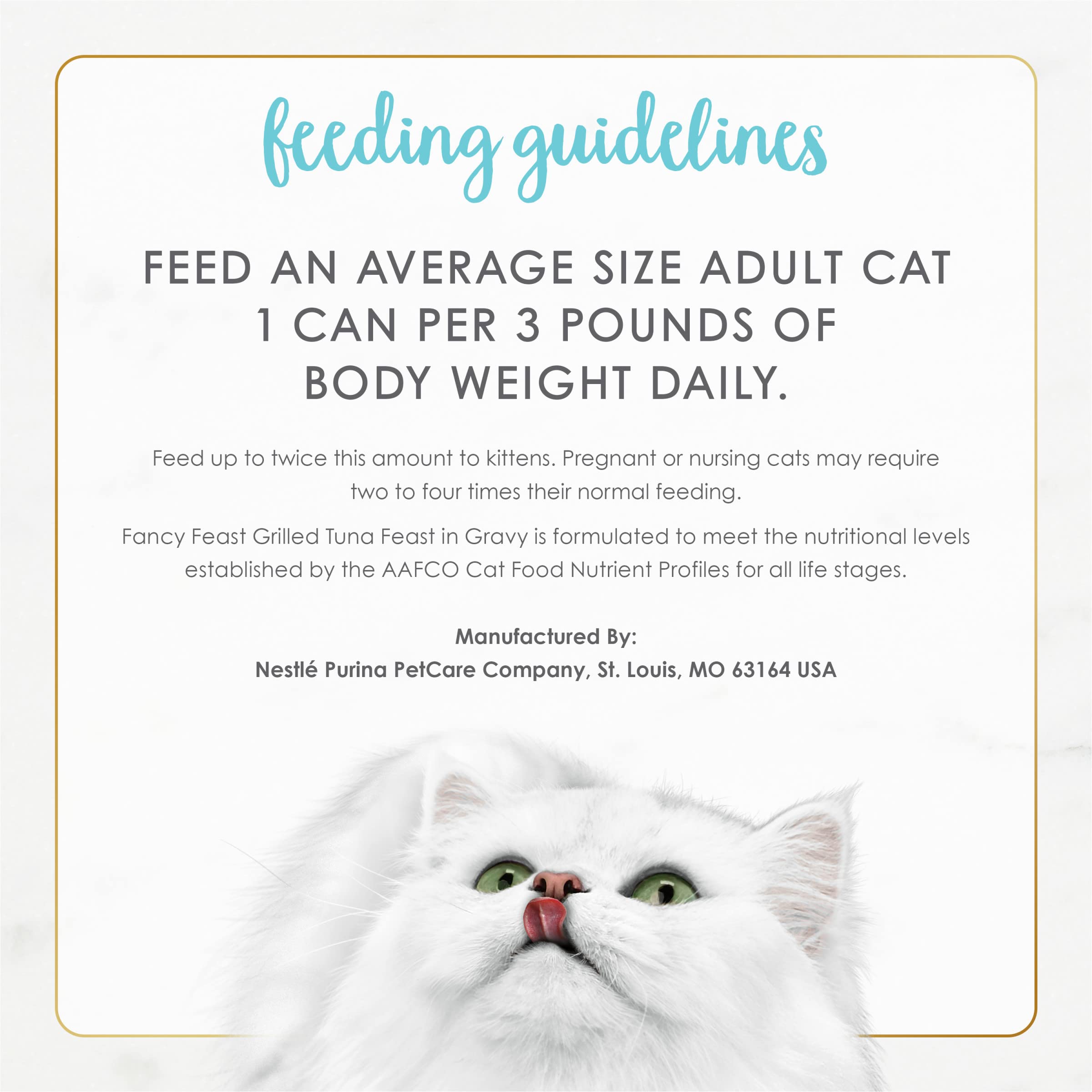 Fancy Feast packaging close-up with nutrition panel for balanced meals