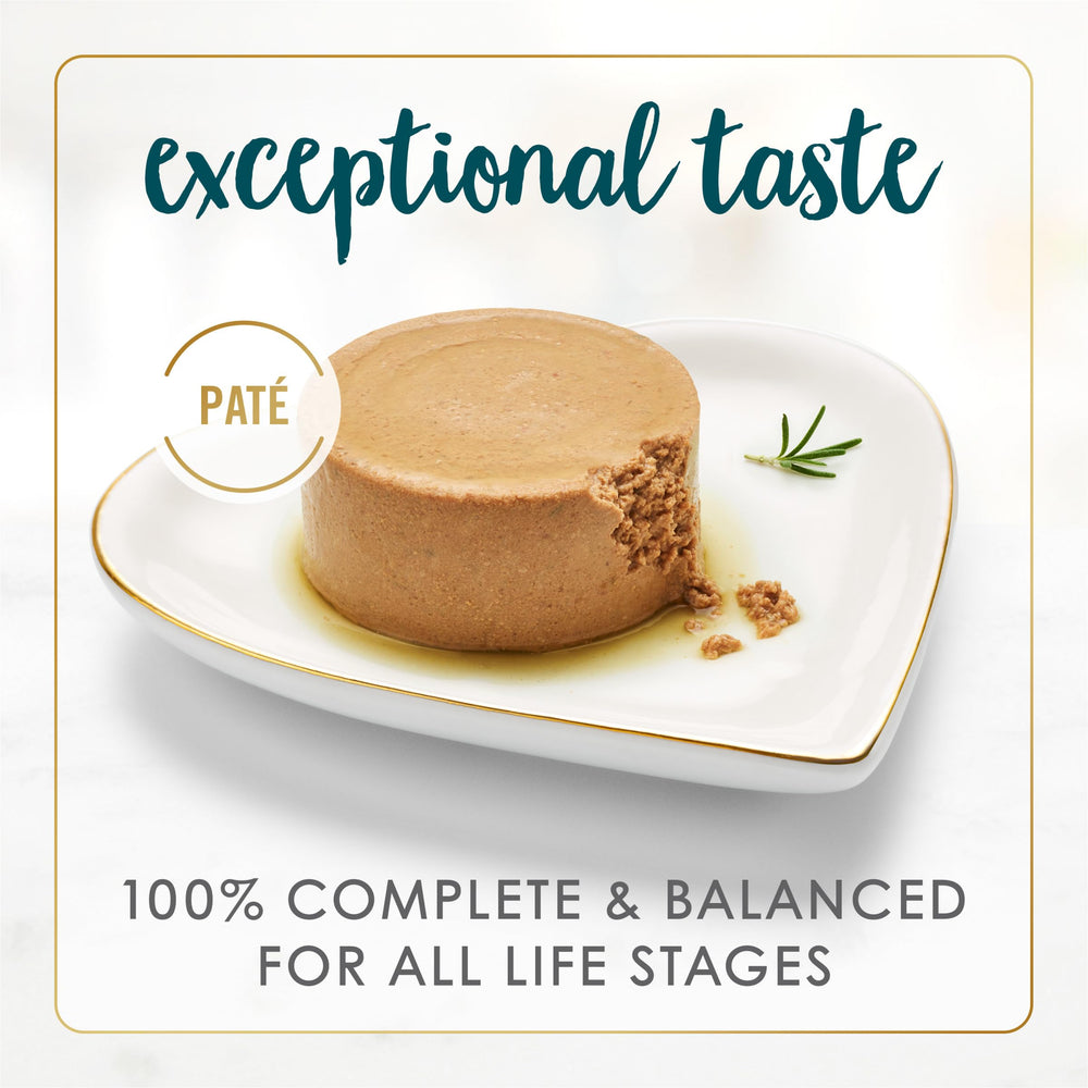 Fancy Feast pate can close-up shows real salmon and shrimp ingredients.