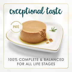 Fancy Feast pate can close-up shows real salmon and shrimp ingredients.