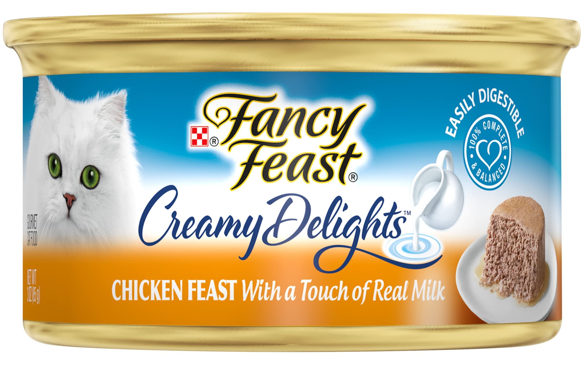 Fancy Feast pate creamy sauce closeup on 3oz can highlights rich flavor