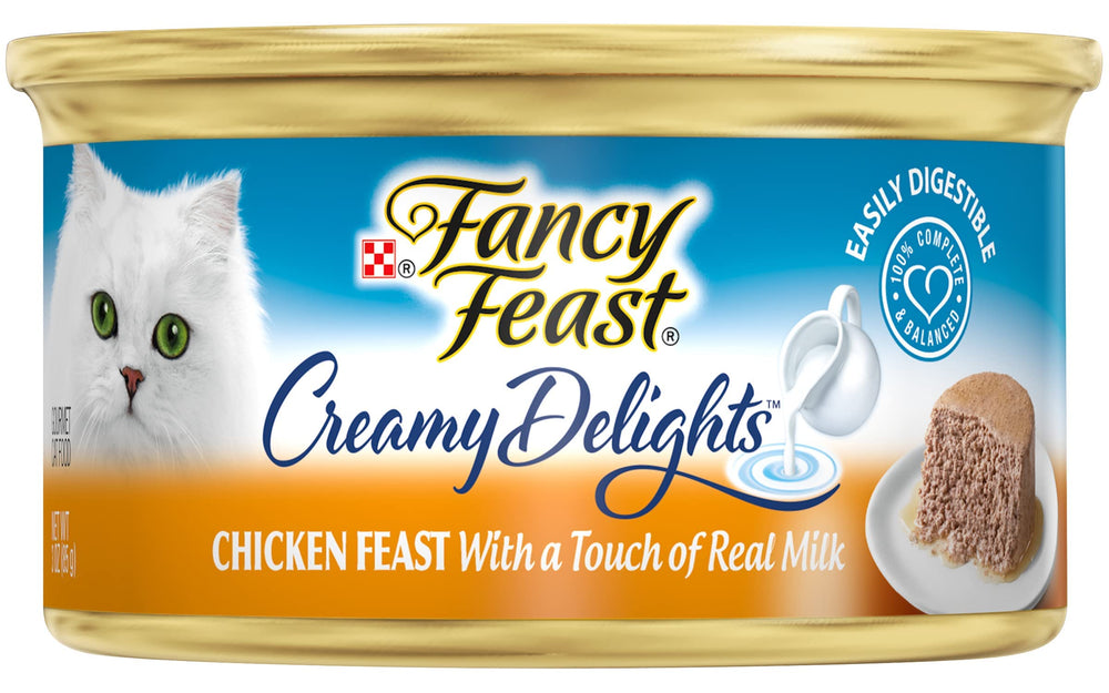 Fancy Feast pate creamy sauce closeup on 3oz can highlights rich flavor