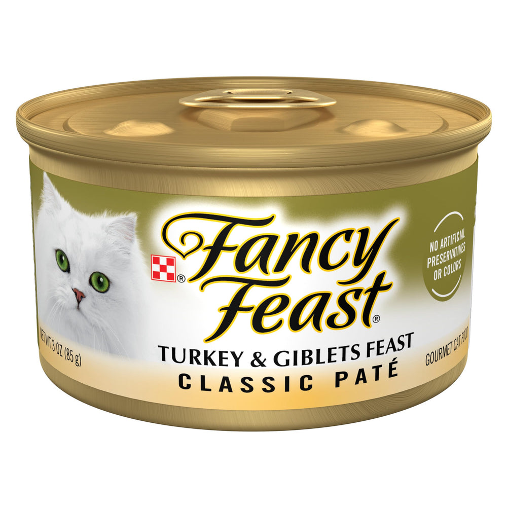Fancy Feast Pate Turkey and Giblets can closeup showing grain-free protein option