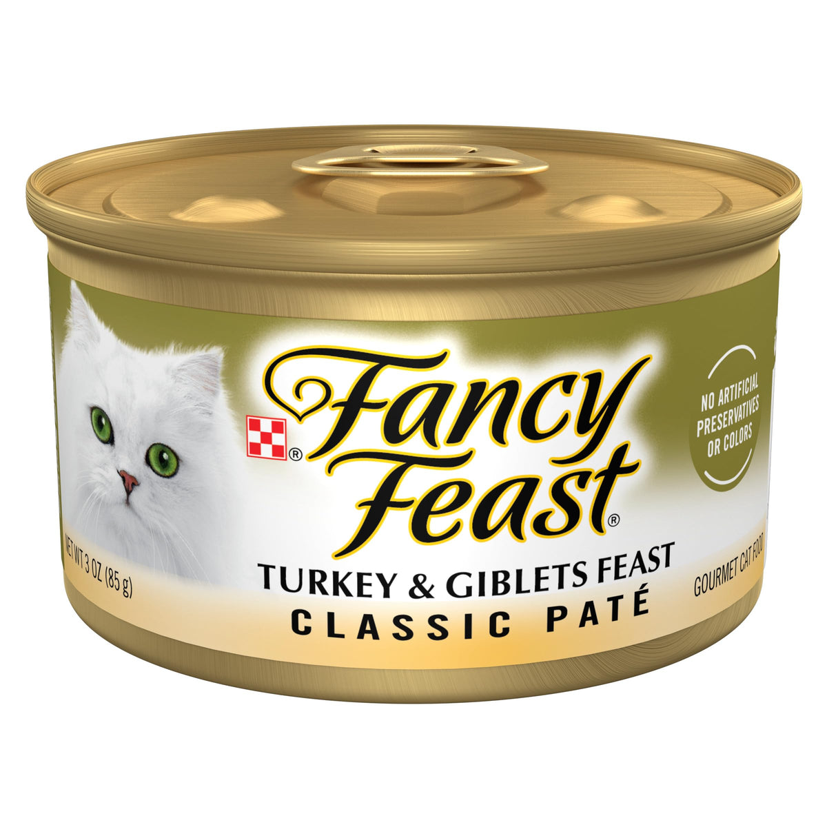 Fancy Feast Pate Turkey and Giblets can closeup showing grain-free protein option