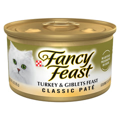Fancy Feast Pate Turkey and Giblets can closeup showing grain-free protein option