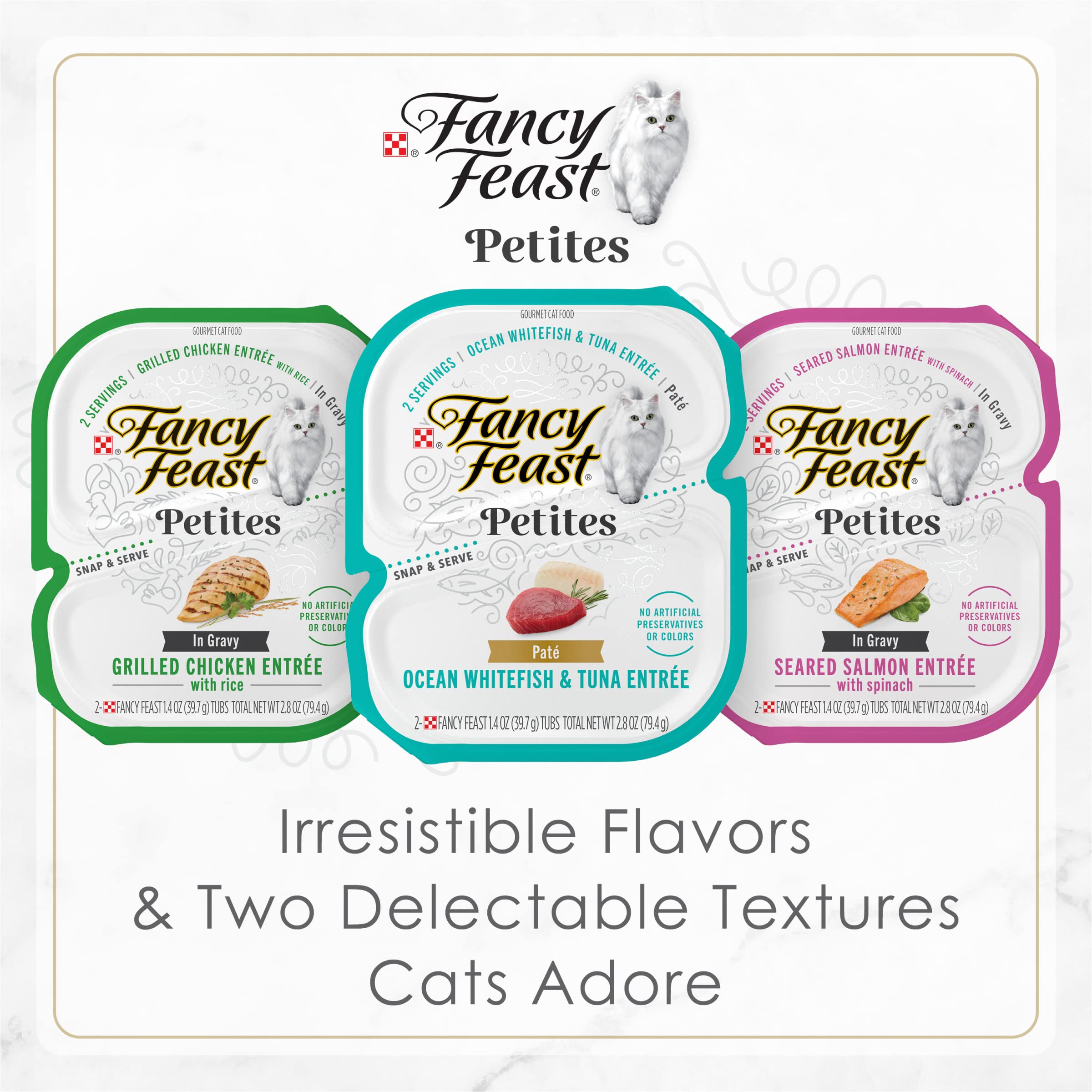 Contenedor con dos porciones de Fancy Feast Petites, servicio rápido y limpio.