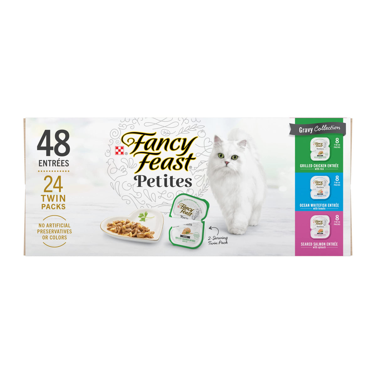 Fancy Feast Petites Gravy Collection twin-pack tub opened for mess-free serving.