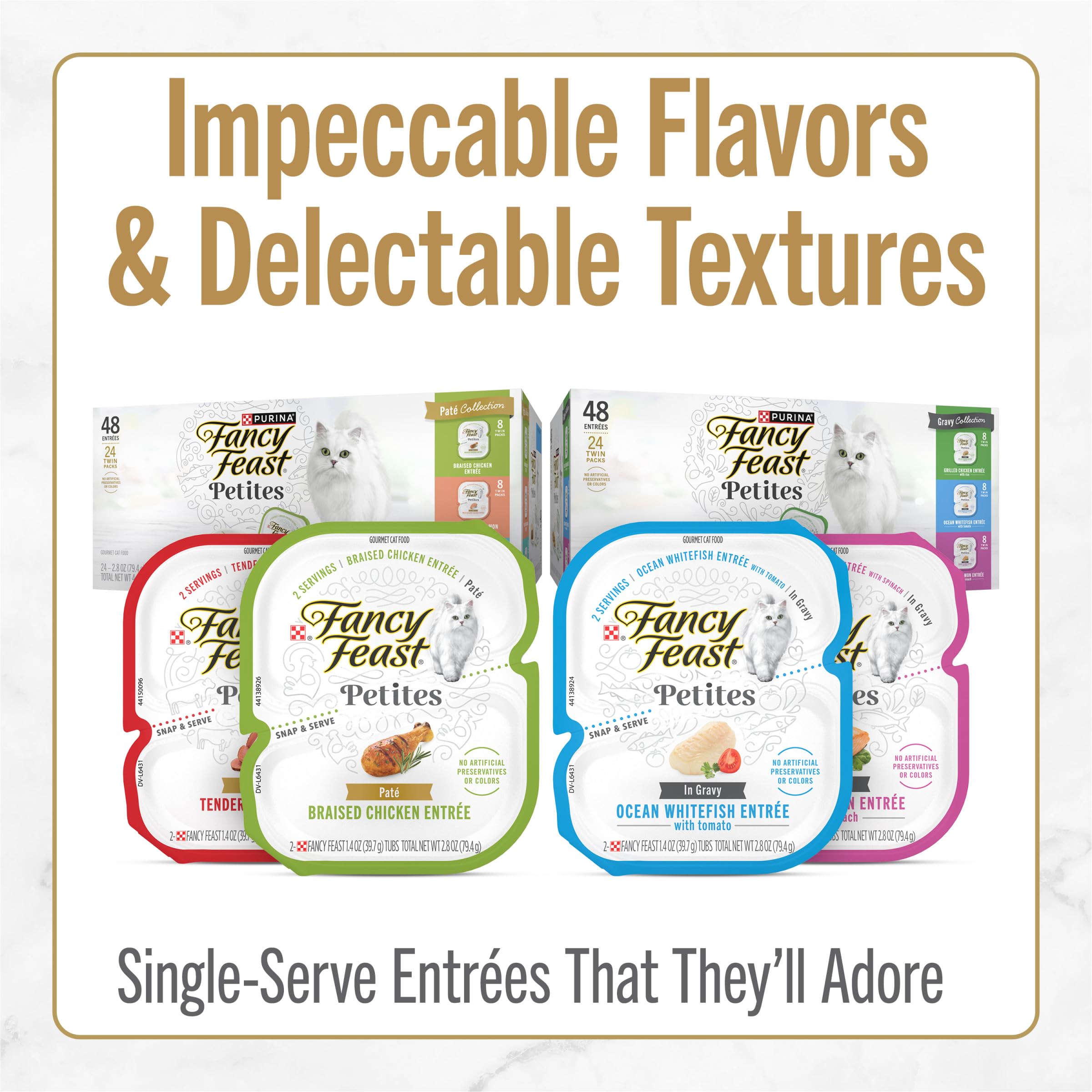 Empaque de 12 tarrinas Fancy Feast Petites para gatos adultos.