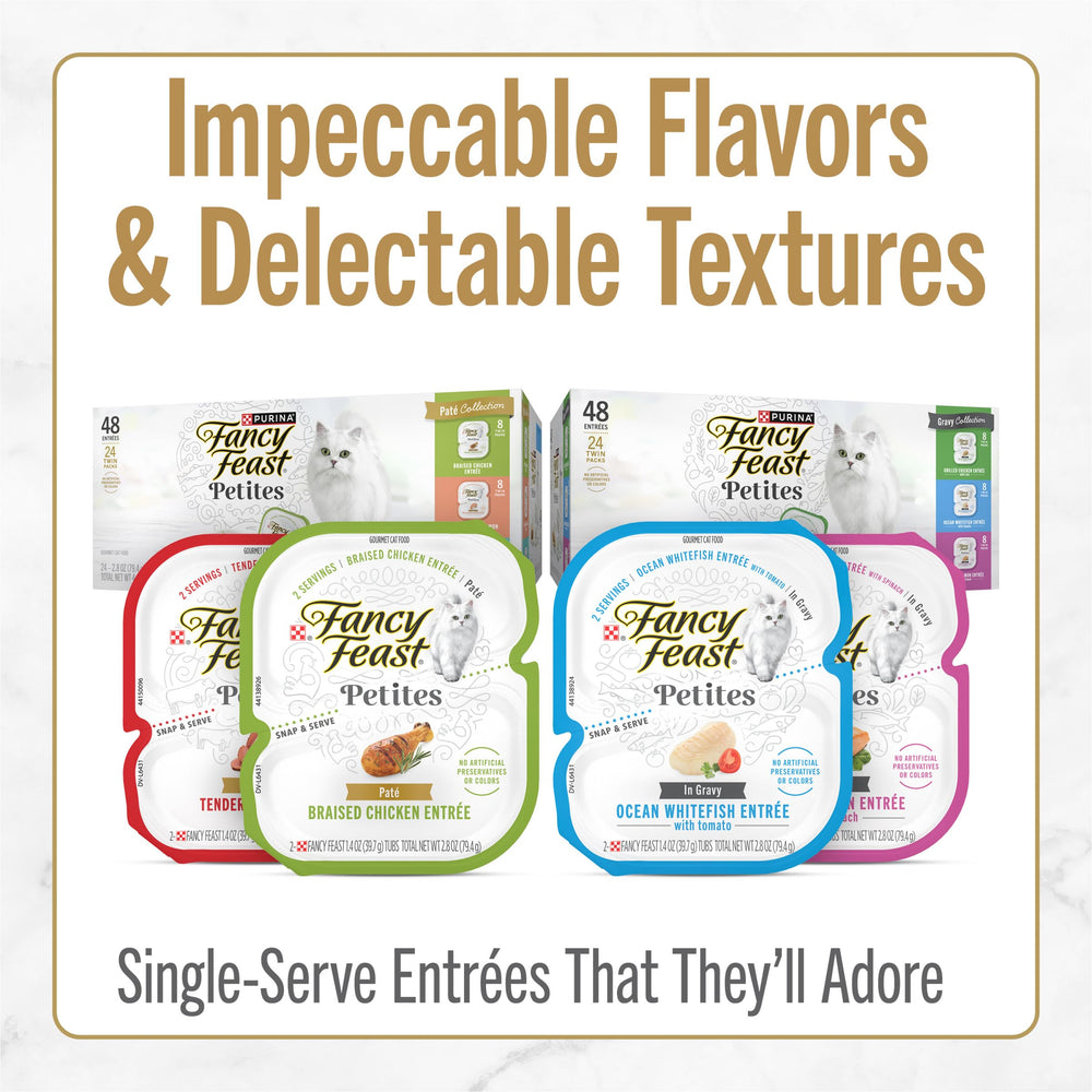 Empaque de 12 tarrinas Fancy Feast Petites para gatos adultos.