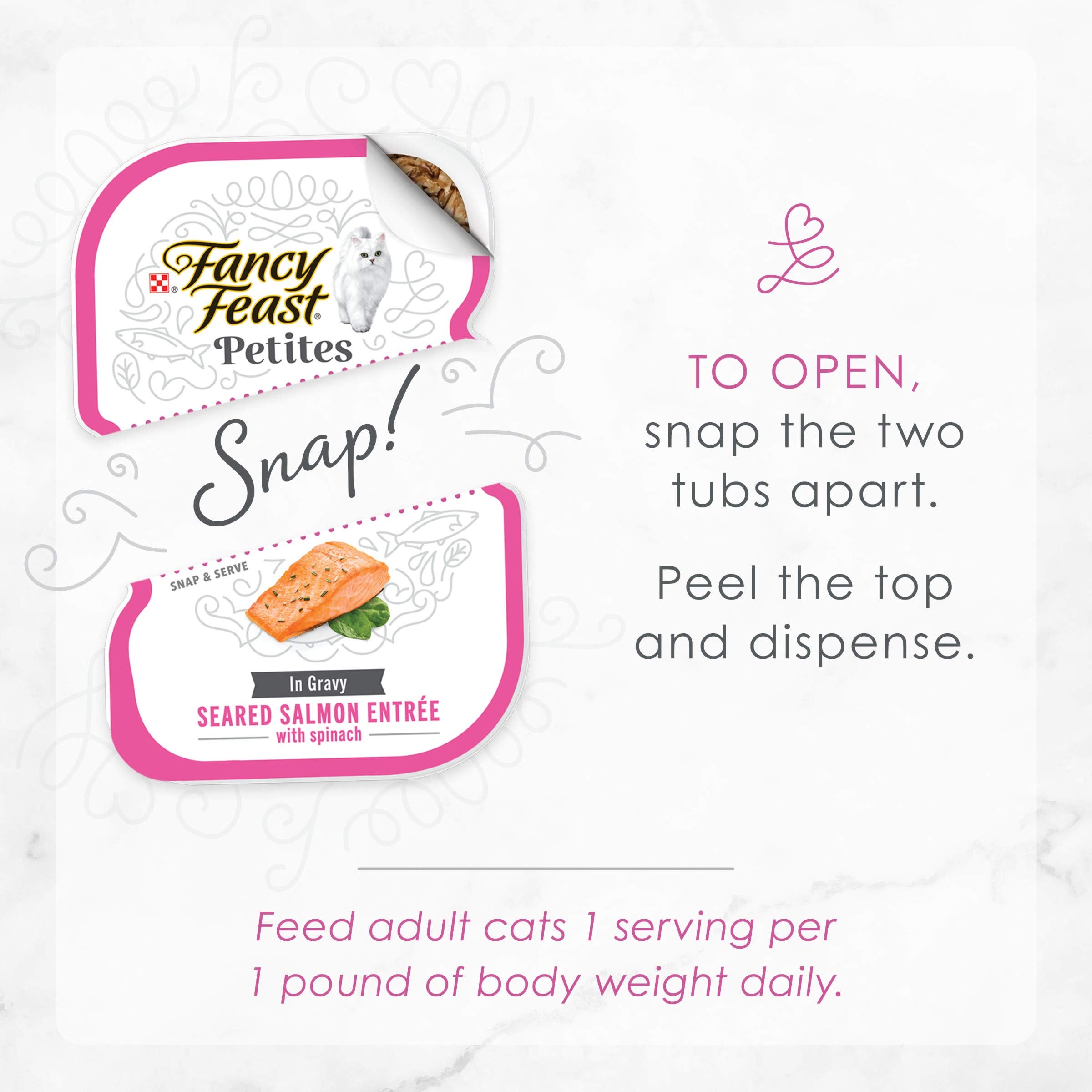 Porción dividida de Fancy Feast Petites en cada tarrina, lista para servir.