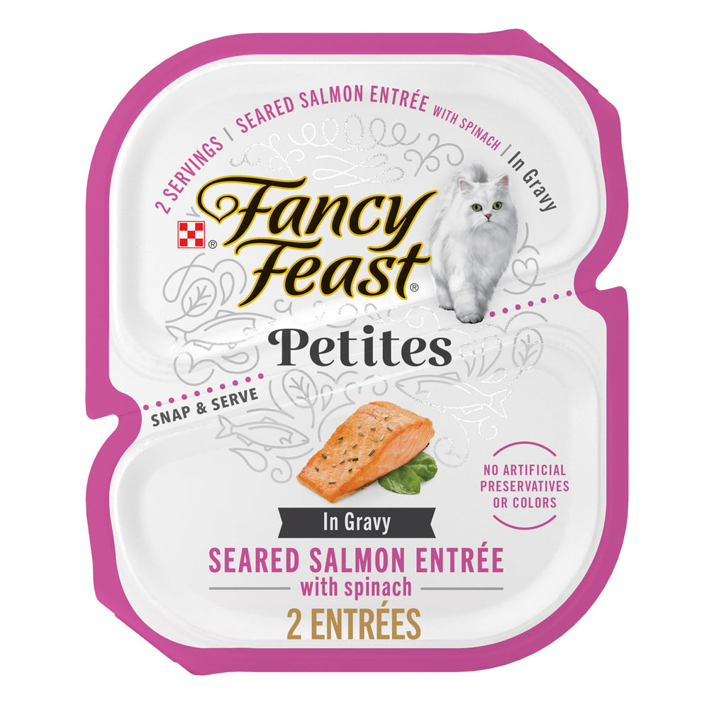 Purina Fancy Feast Petites salmón espinaca en salsa, porción individual práctica para gatos.