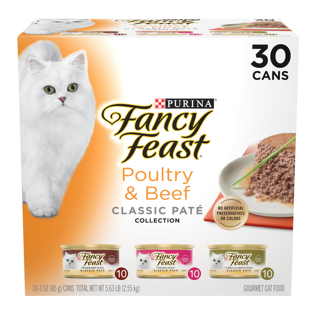Fancy Feast Poultry and Beef Pate Collection pack of 30 cans adds variety to cat meals.