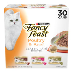 Fancy Feast Poultry and Beef Pate Collection pack of 30 cans adds variety to cat meals.