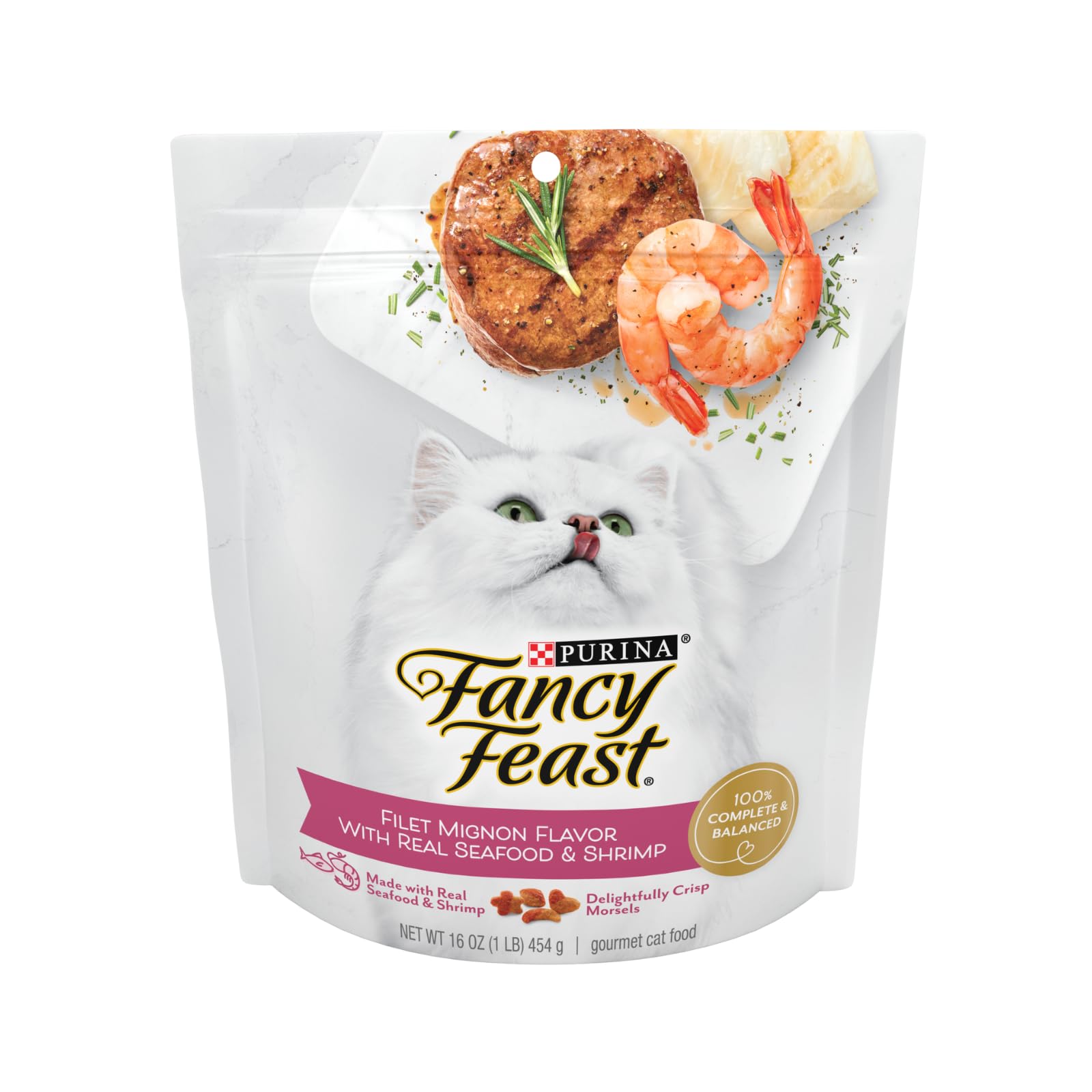 Fancy Feast Purina Filet Mignon dry cat food baked crunchy morsels shown in close-up.