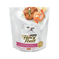 Fancy Feast Purina Filet Mignon dry cat food baked crunchy morsels shown in close-up.