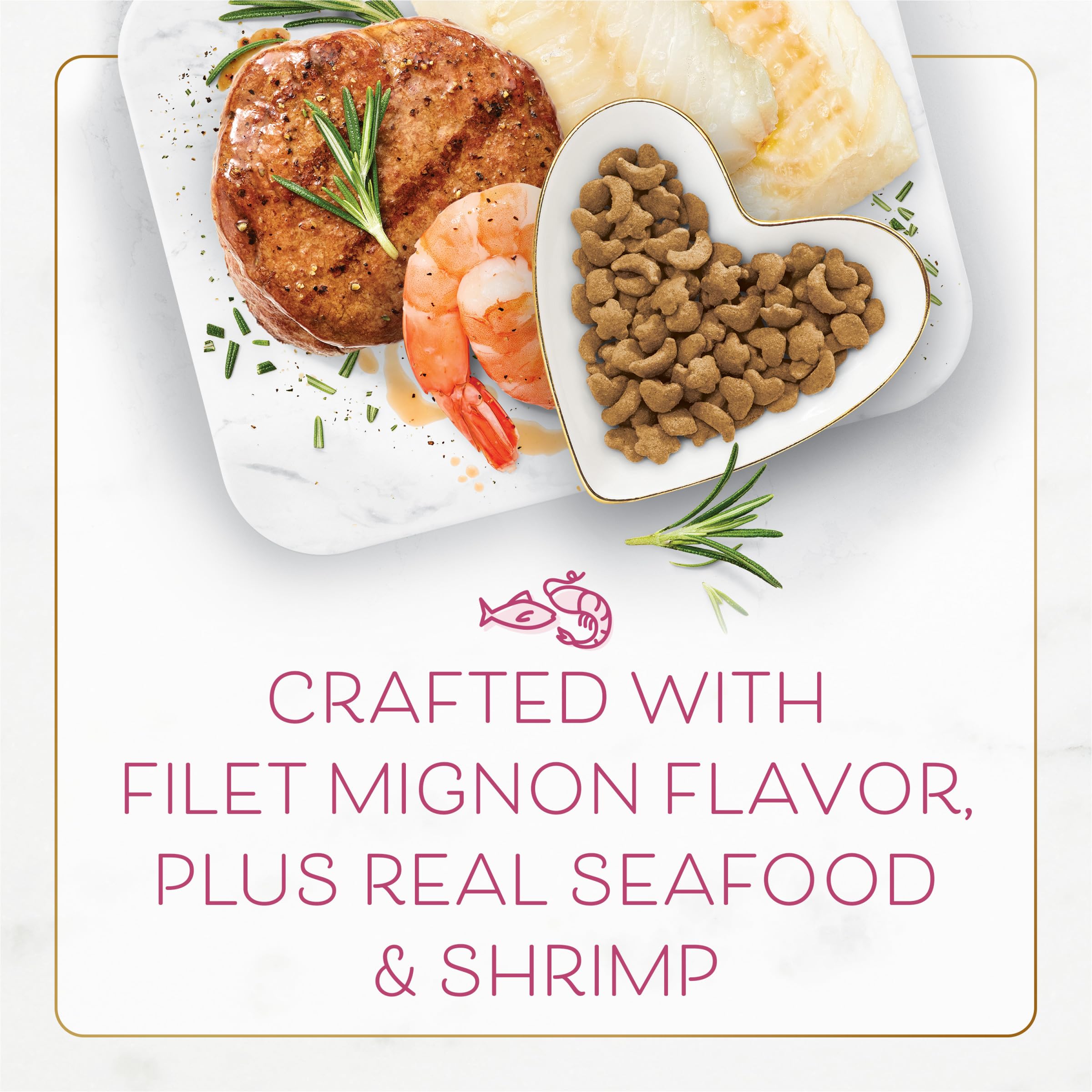 Fancy Feast Purina filet mignon dry cat food surf and turf flavor for variety.