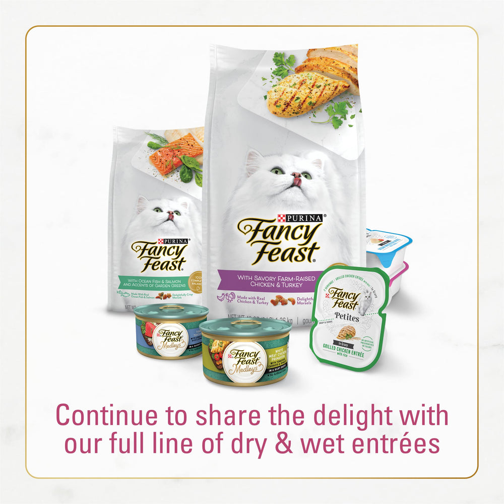 Fancy Feast Purina filet mignon dry cat food constructed from sustainable ingredients.