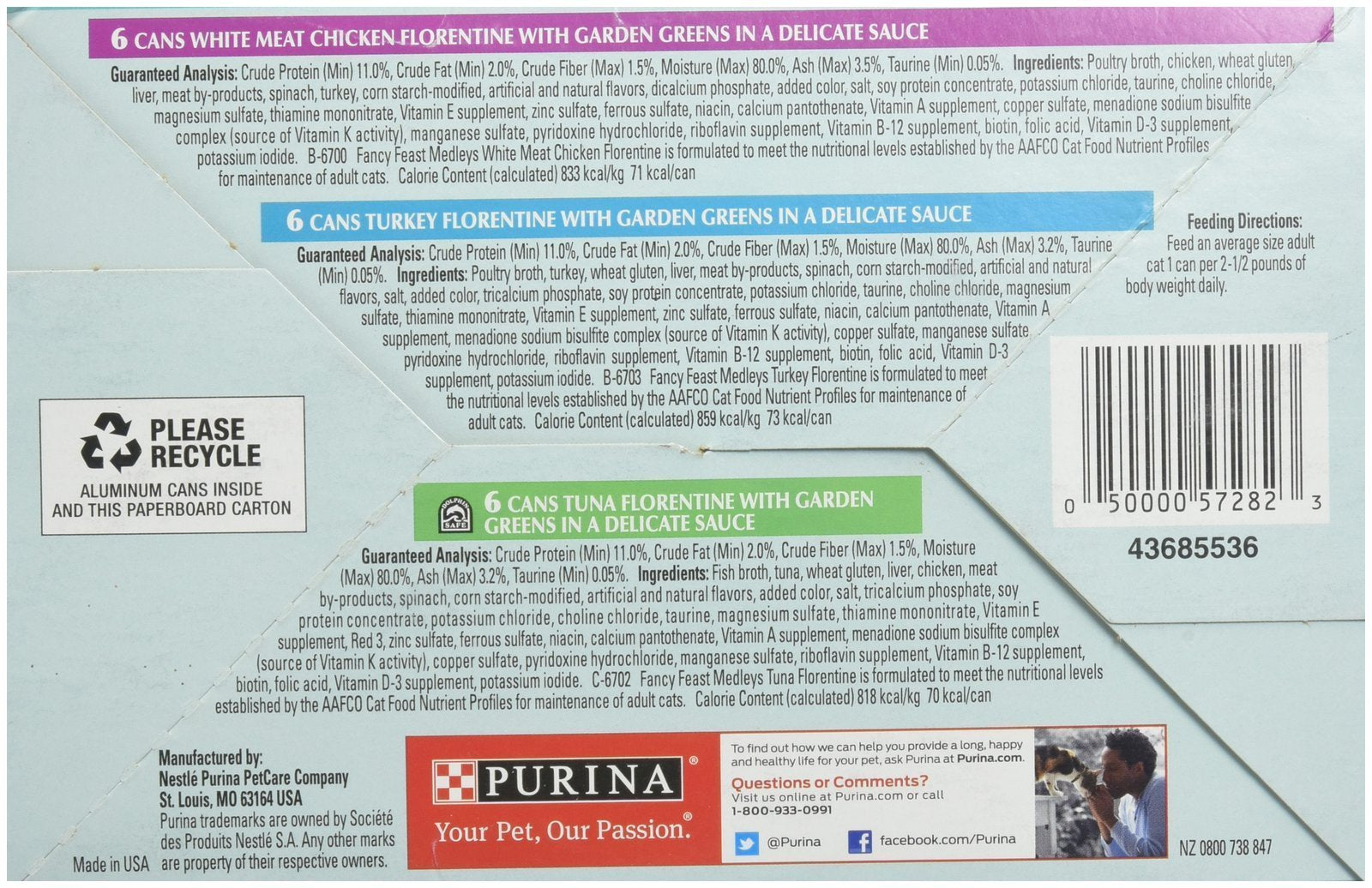 Fancy Feast Purina Medleys Florentine pull-tab can packaging enables easy opening and recycling