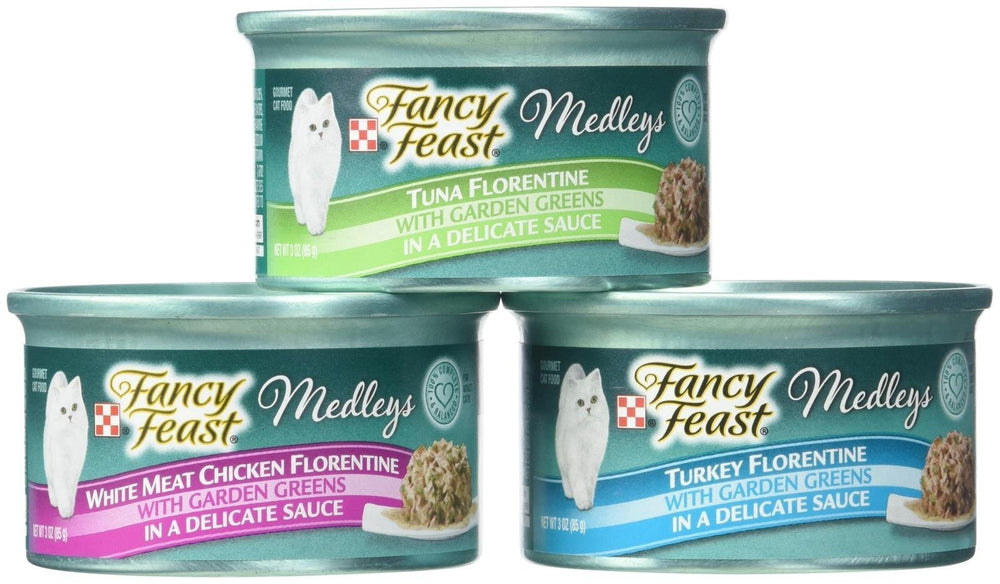 Fancy Feast Purina Medleys Florentine tuna-turkey-chicken can showcasing gourmet flavors for cats