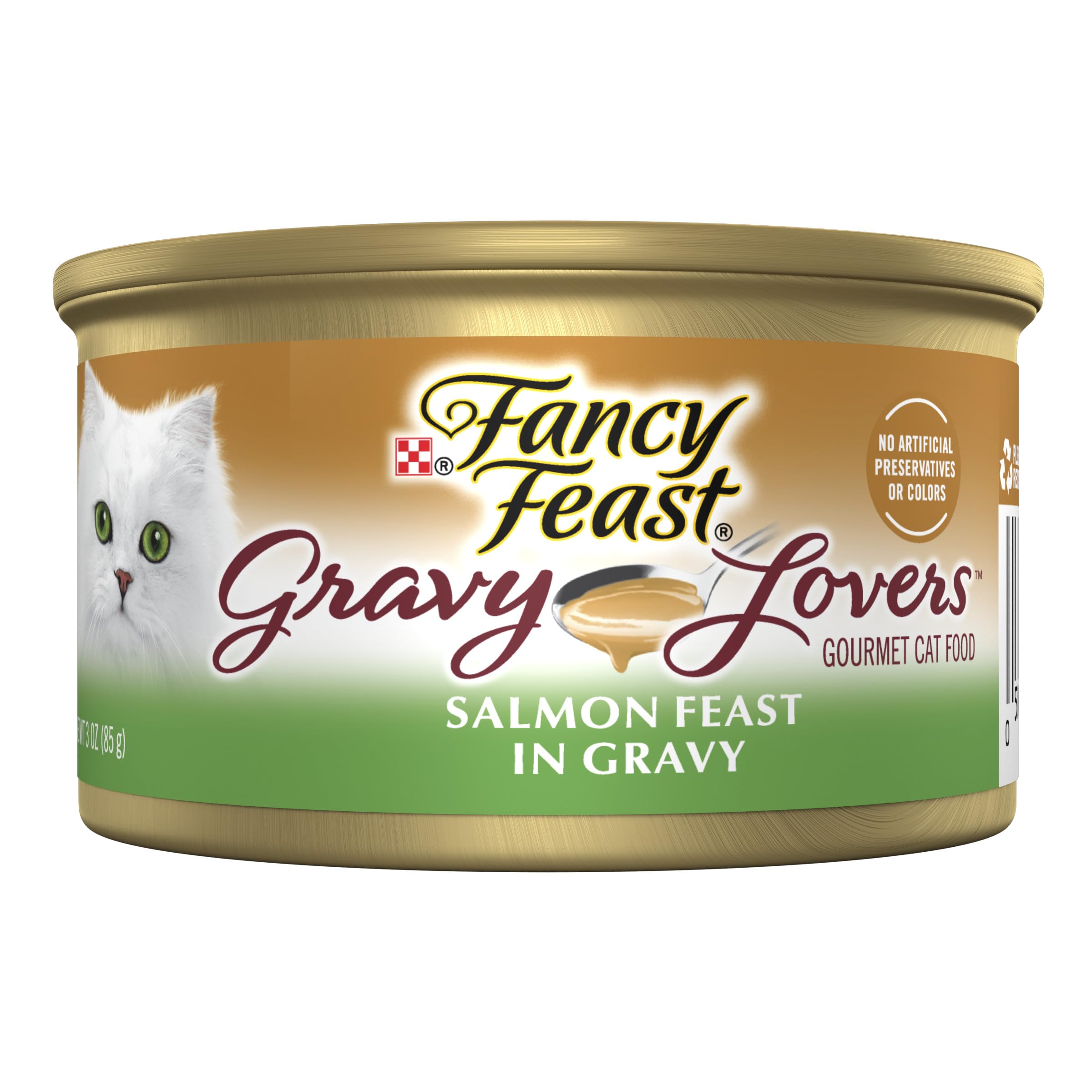Fancy Feast Salmon Feast can with gravy highlights real salmon for a savory, protein-rich meal.