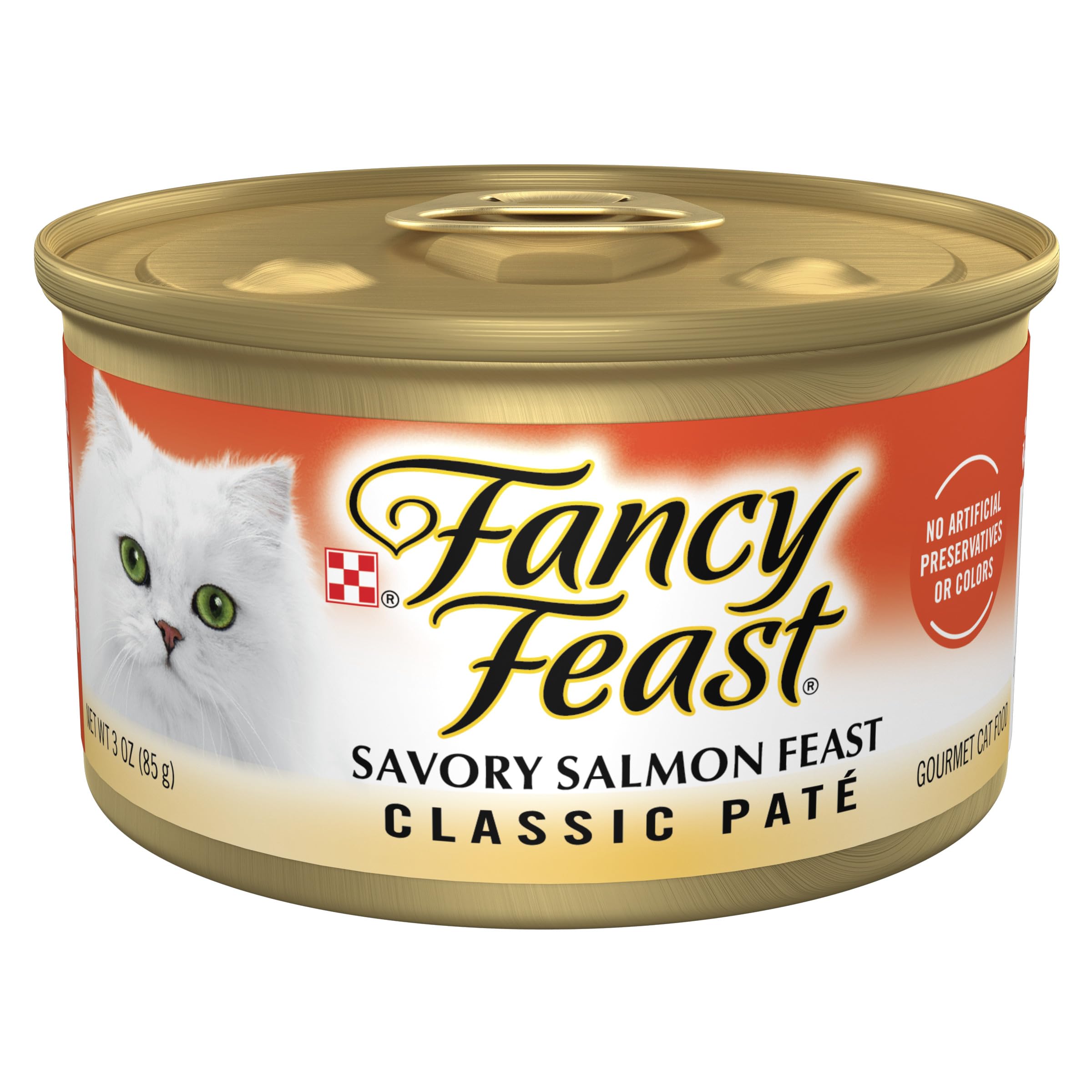 Fancy Feast Salmon Feast pate packaging shows 24-can pack for convenient daily meals.