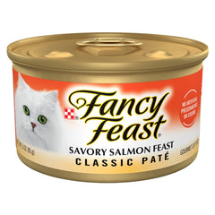 Fancy Feast Salmon Feast pate packaging shows 24-can pack for convenient daily meals.