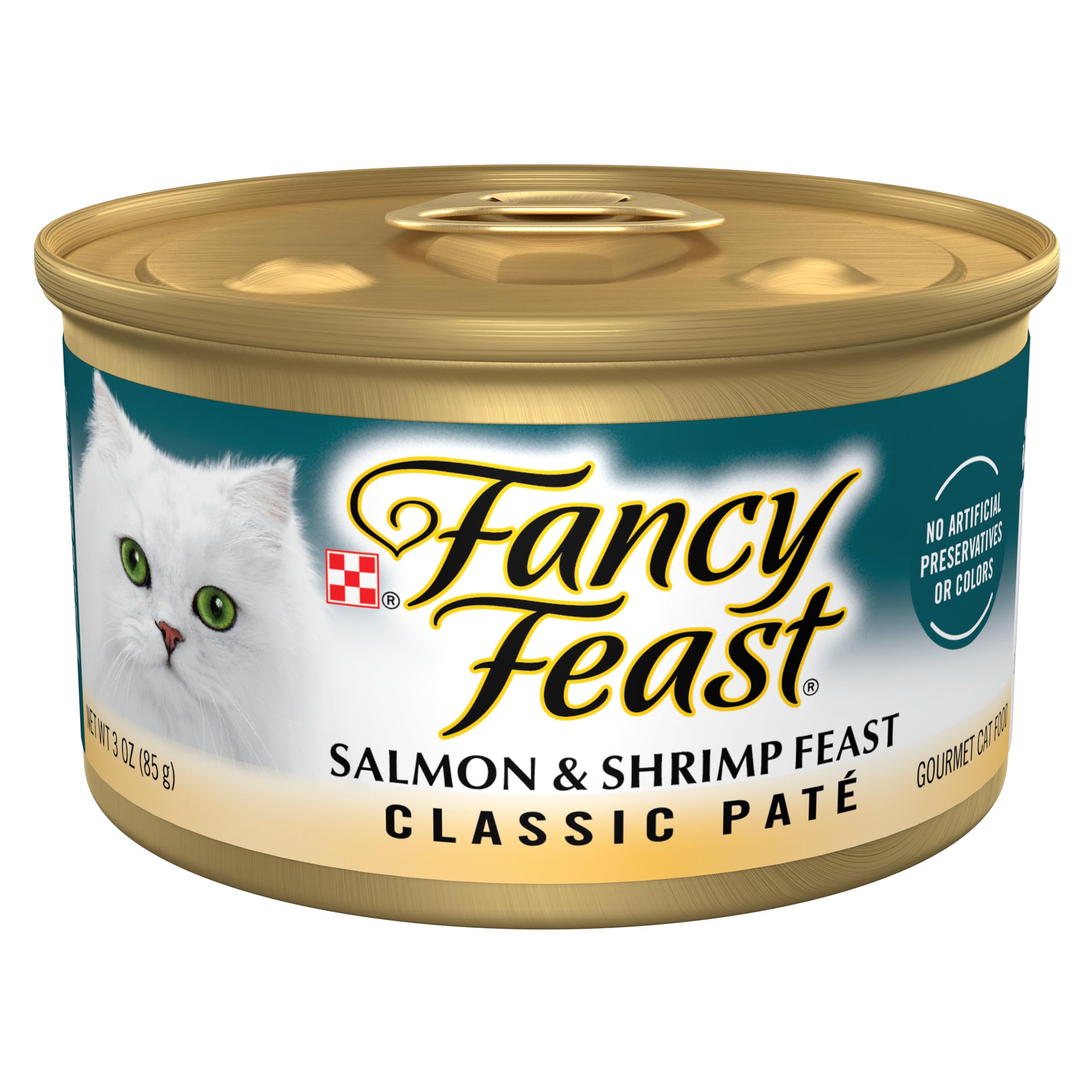 Fancy Feast salmon-shrimp pate can pack with 24 servings for easy mealtimes.