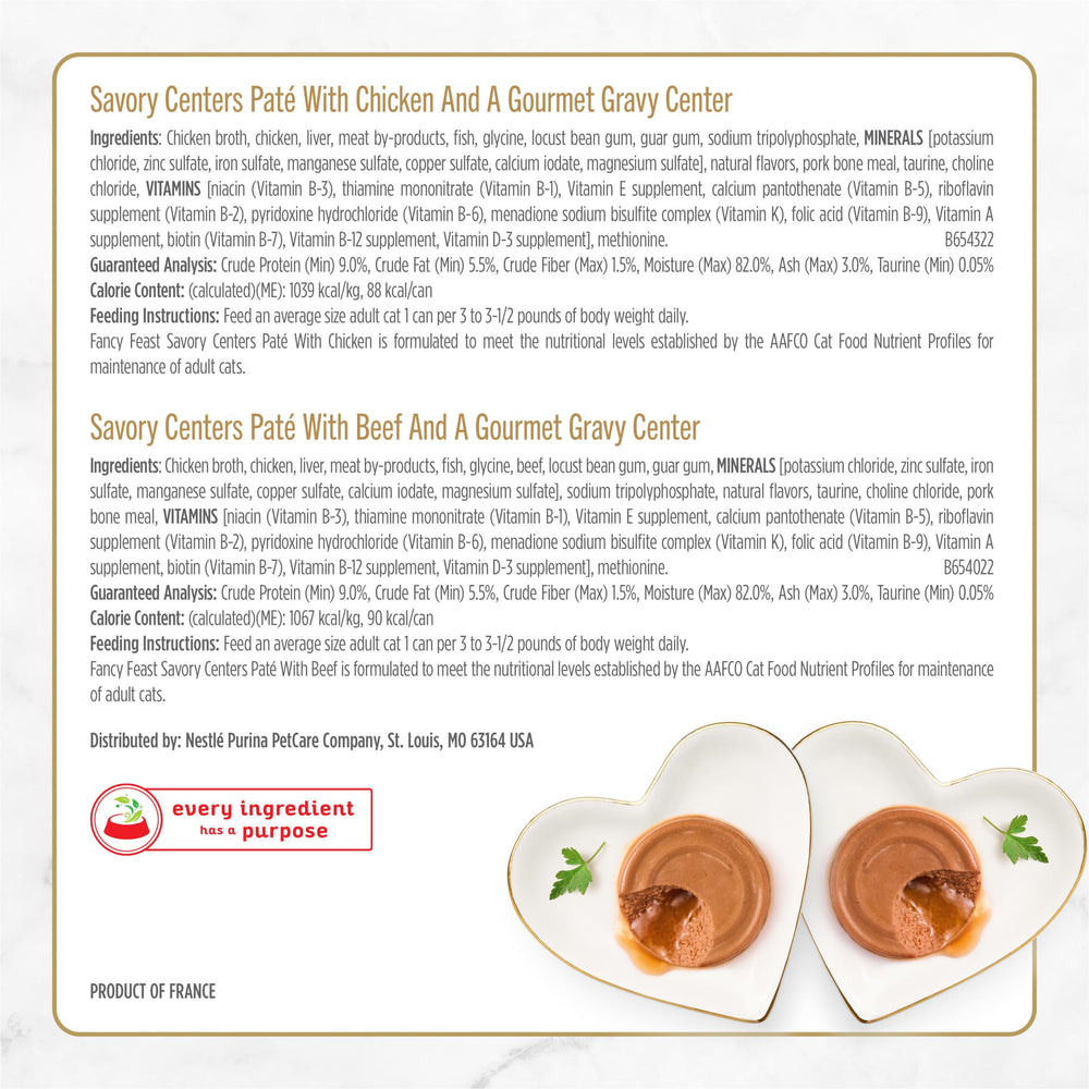 Fancy Feast Savory Centers dual-texture pate with gravy center adds excitement at mealtime.