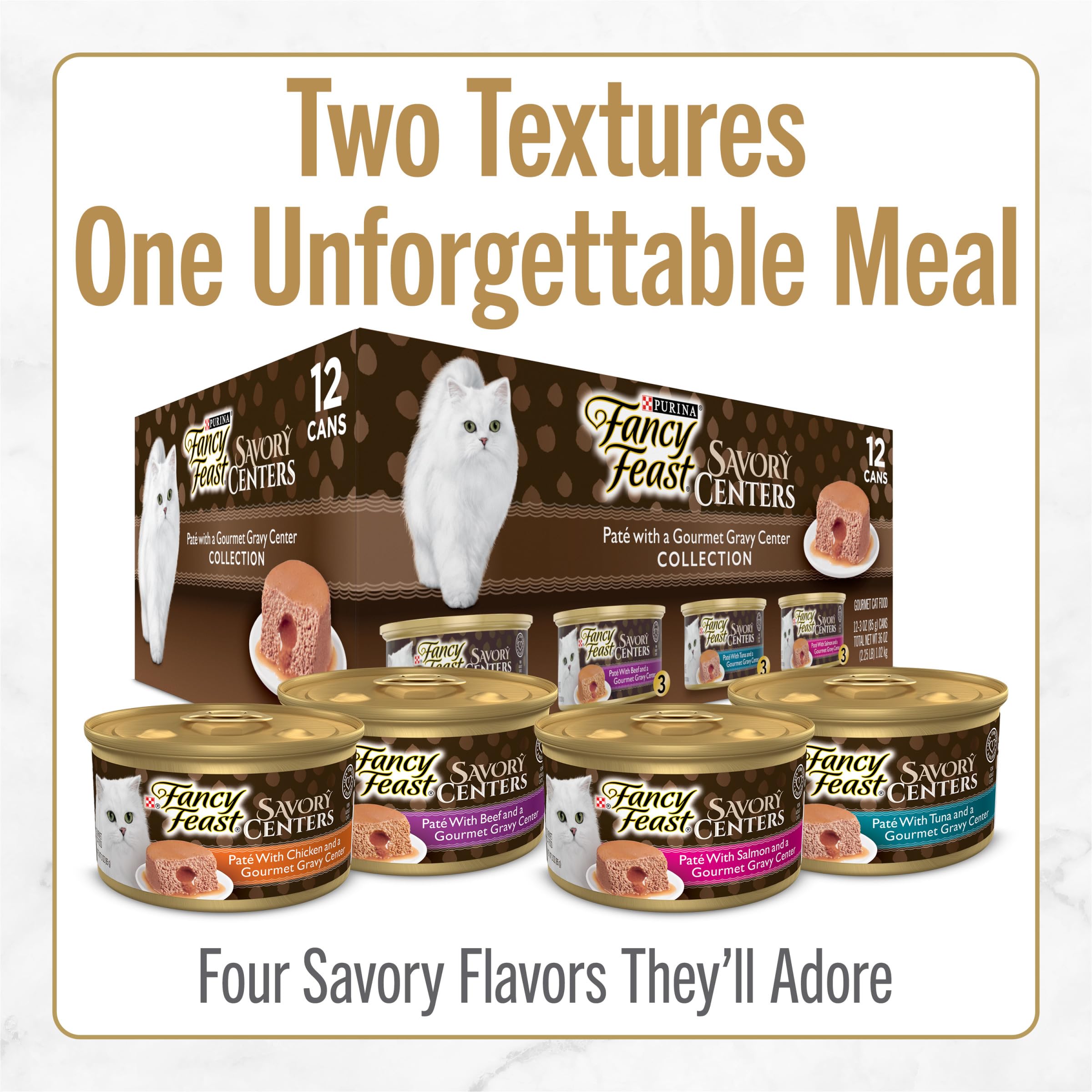 Fancy Feast Savory Centers tuna pate with gravy center delivers indulgent flavor and aroma.