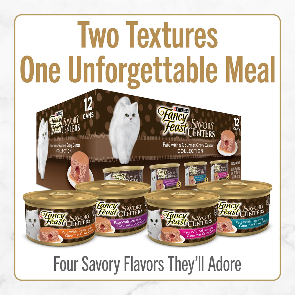 Fancy Feast Savory Centers tuna pate with gravy center delivers indulgent flavor and aroma.