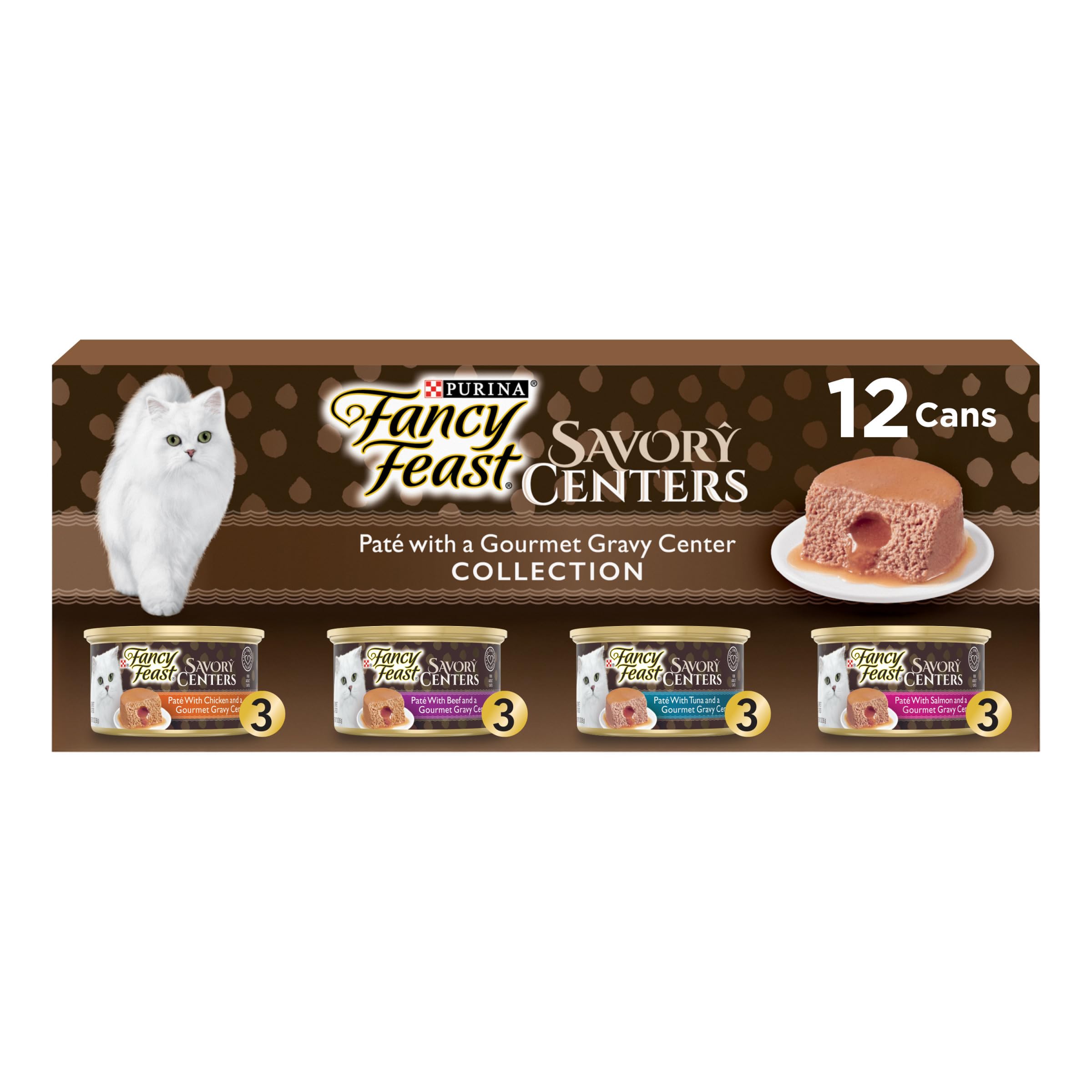 Fancy Feast Savory Centers variety pack cans with chicken pate and gravy center entice picky cats.