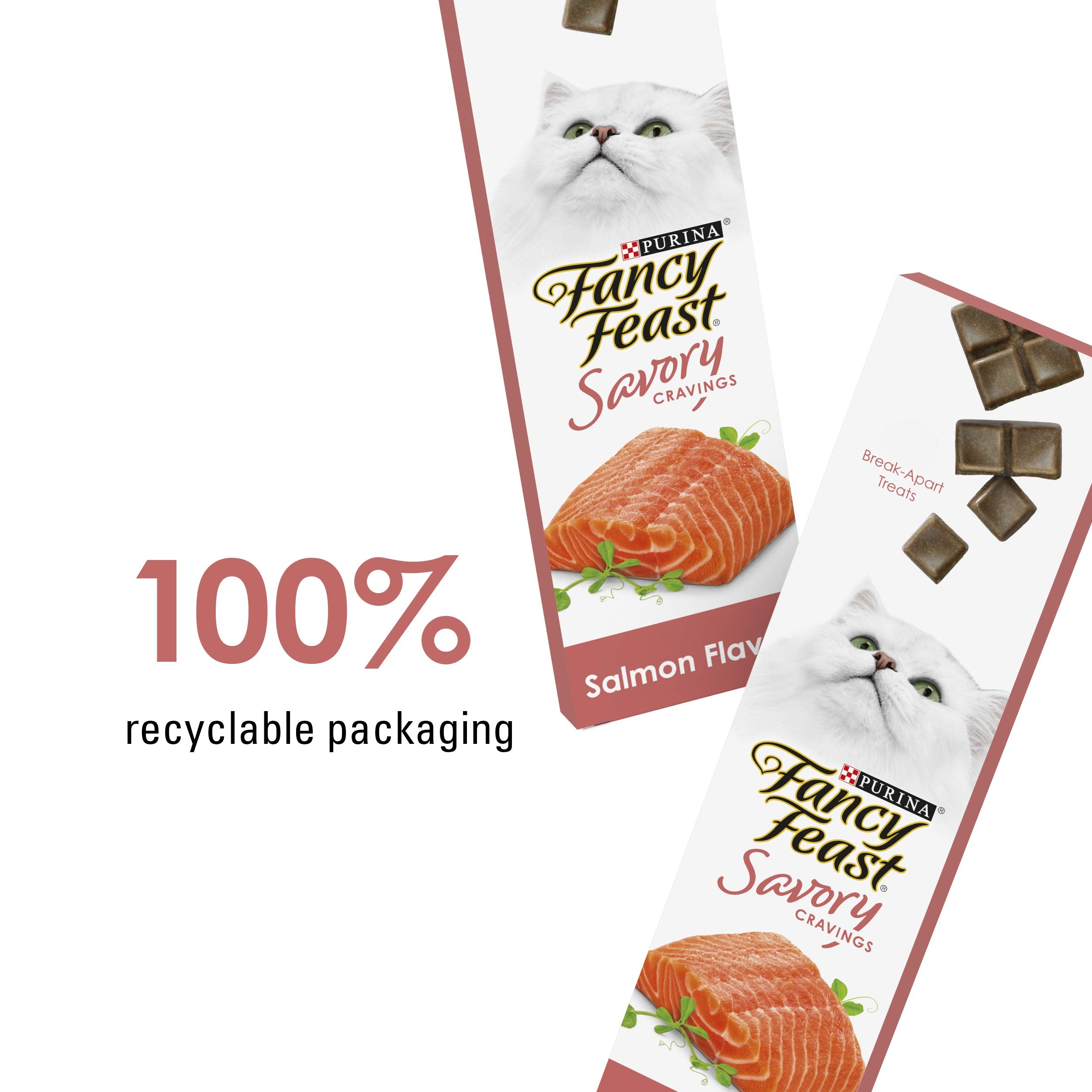 Fancy Feast Savory Cravings Salmon easy-dispense box facilitates quick snack sessions.