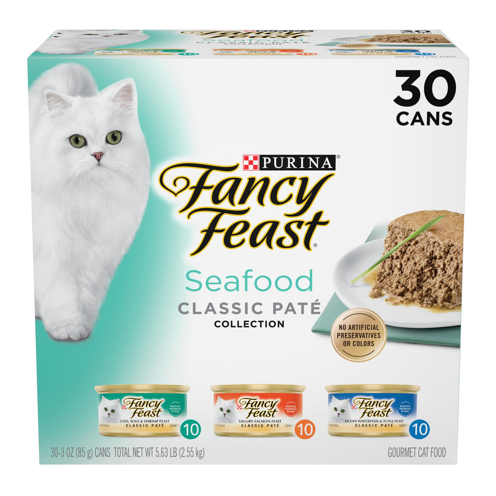 Fancy Feast Seafood Classic Pate Collection pack – vibrant variety for tasty cat dinners.