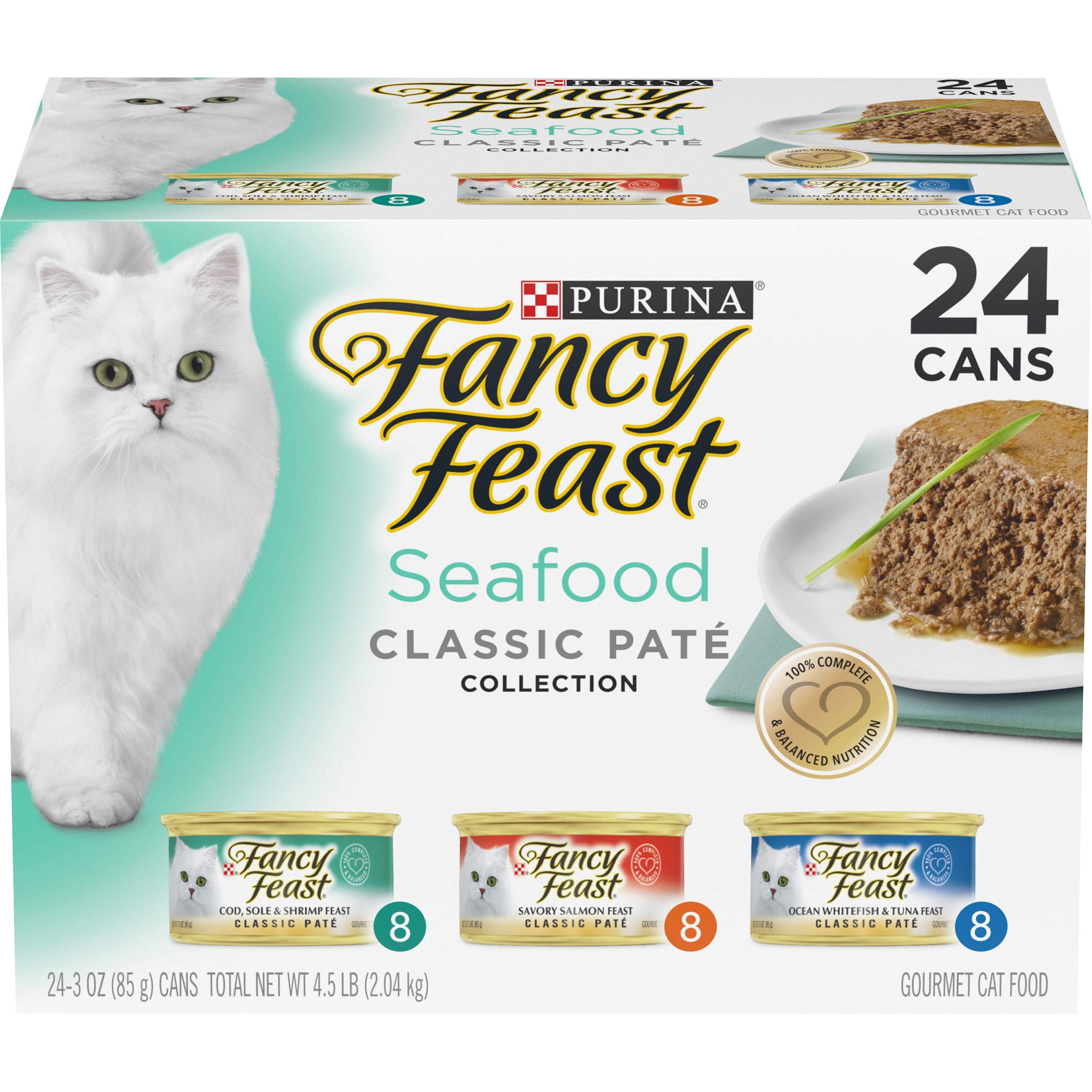 Fancy Feast Seafood Classic Pate Pack-1: glossy 3 oz cans show grain-free, protein-rich dinners.