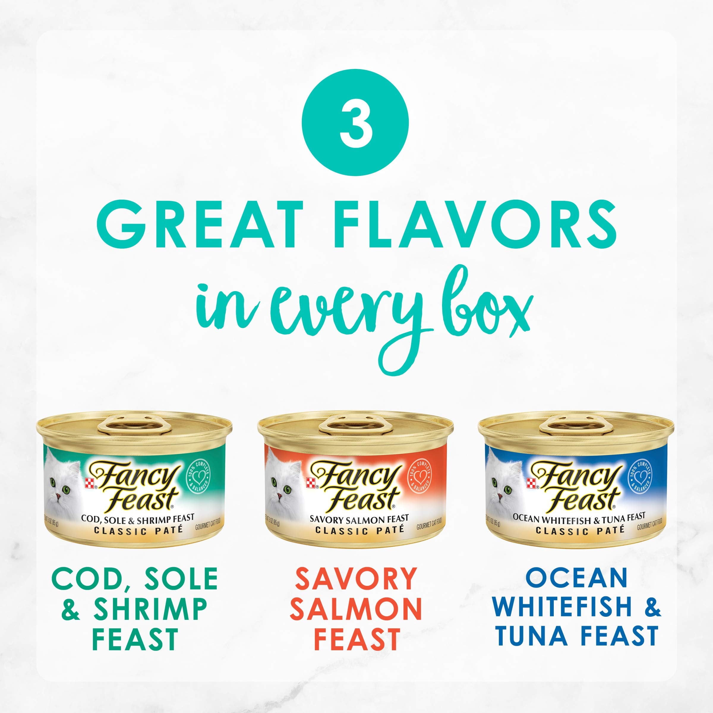 Fancy Feast Seafood Classic Pate Pack-2: colorful cans highlight real fish ingredients for palatable meals.