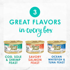 Fancy Feast Seafood Classic Pate Pack-2: colorful cans highlight real fish ingredients for palatable meals.