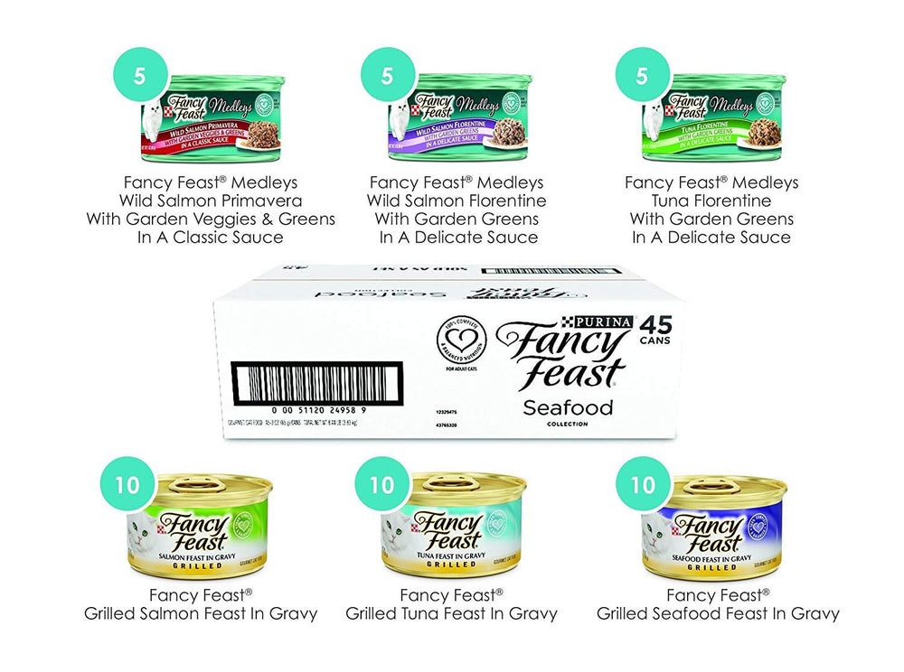 Close up of Fancy Feast seafood collection packaging on a surface