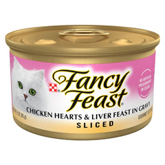 Fancy Feast sliced chicken hearts and liver feast can close-up shows tender slices in gravy.
