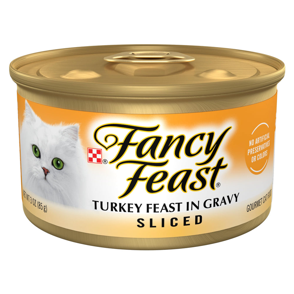 Fancy Feast Sliced Turkey Feast wet cat food can — tempting turkey slices in gravy for adult cats