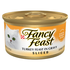 Fancy Feast Sliced Turkey Feast wet cat food can — tempting turkey slices in gravy for adult cats