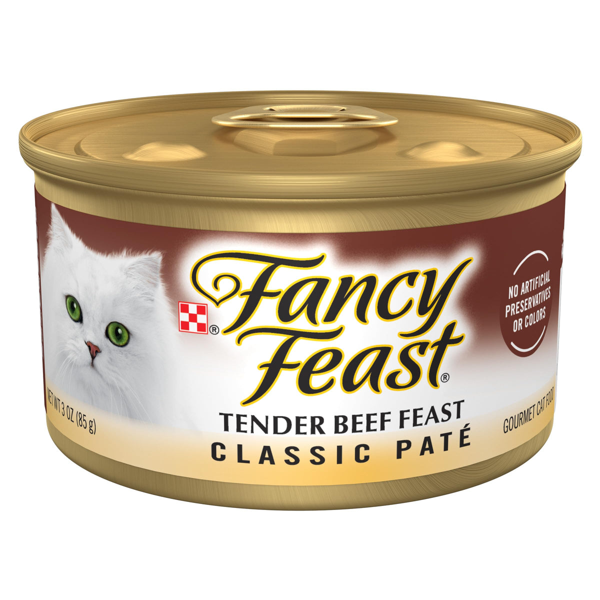 Fancy Feast Tender Beef Feast pate can front — grain-free, protein-packed wet cat food option.