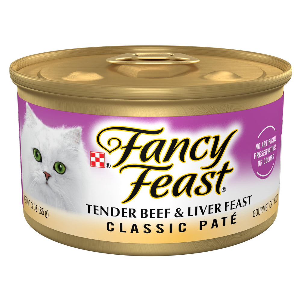 Fancy Feast Tender Beef and Liver Feast pate can closeup shows rich texture for palatable meals