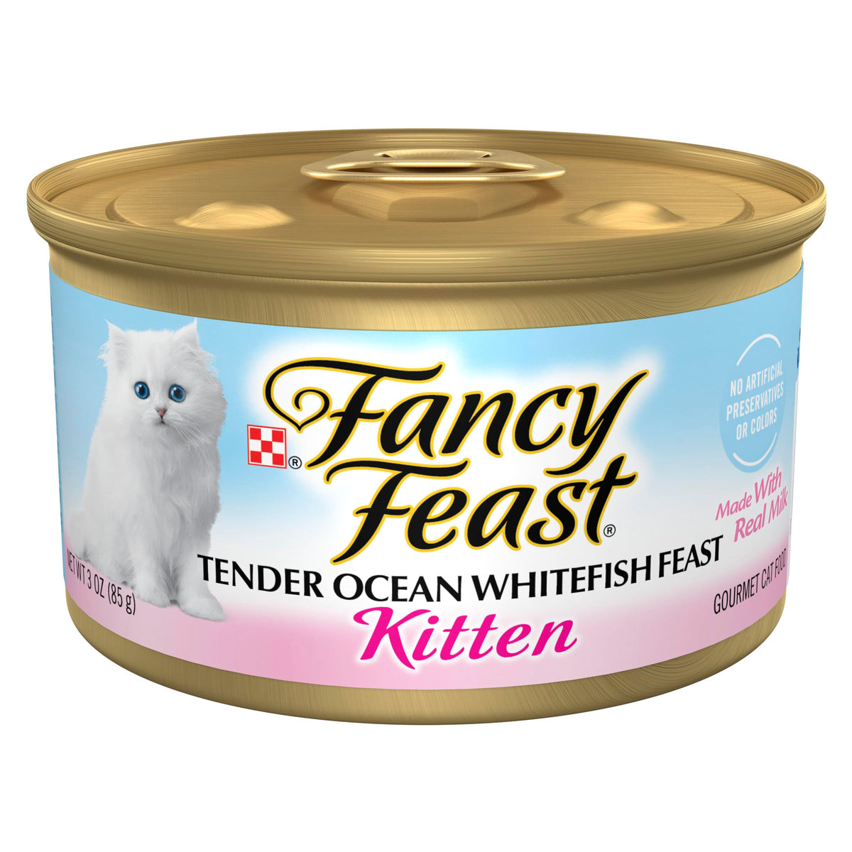 Fancy Feast Tender Ocean Whitefish Can—gourmet kitten meal in a convenient can.