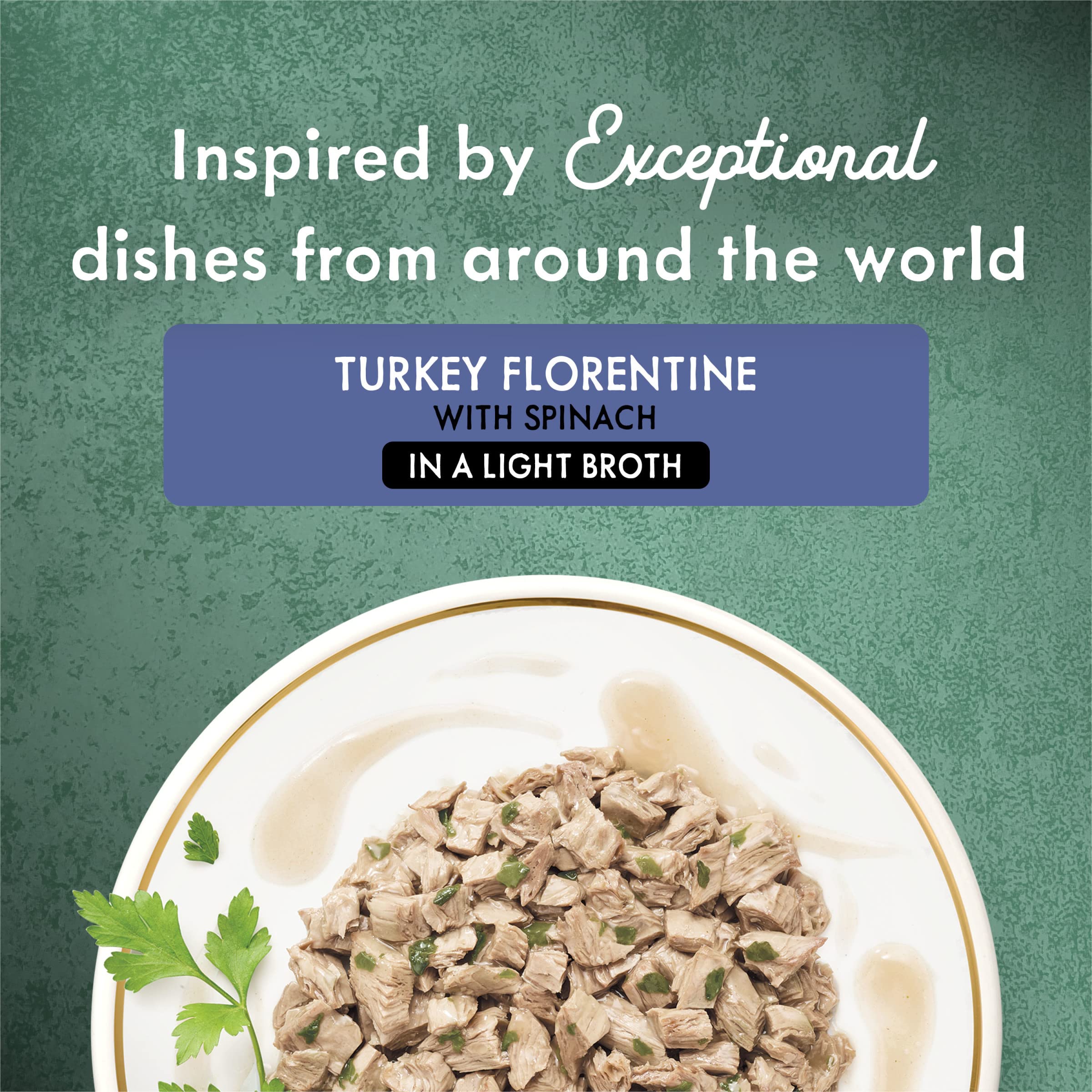 Fancy Feast Turkey Florentine spinach closeup highlights tender turkey and greens.