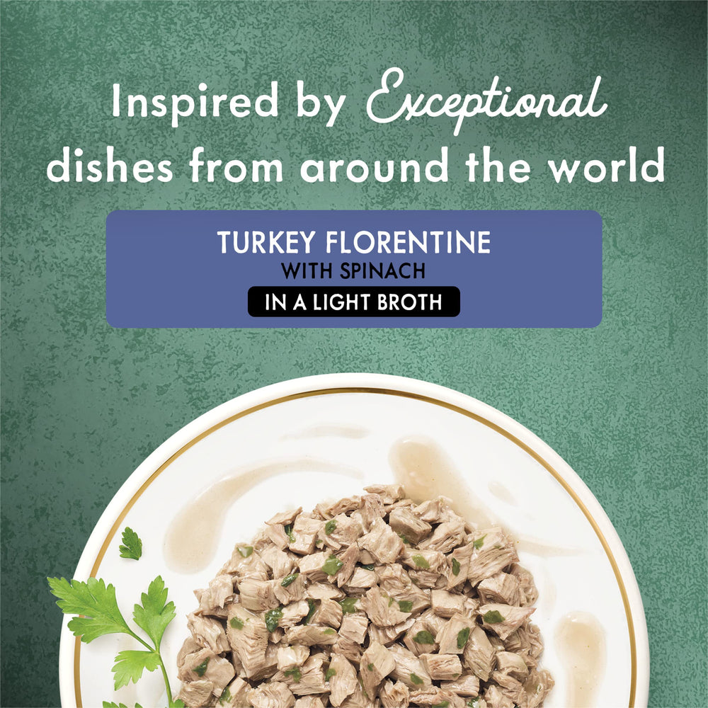 Fancy Feast Turkey Florentine spinach closeup highlights tender turkey and greens.