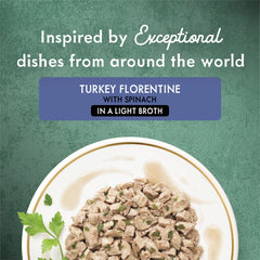 Fancy Feast Turkey Florentine spinach closeup highlights tender turkey and greens.