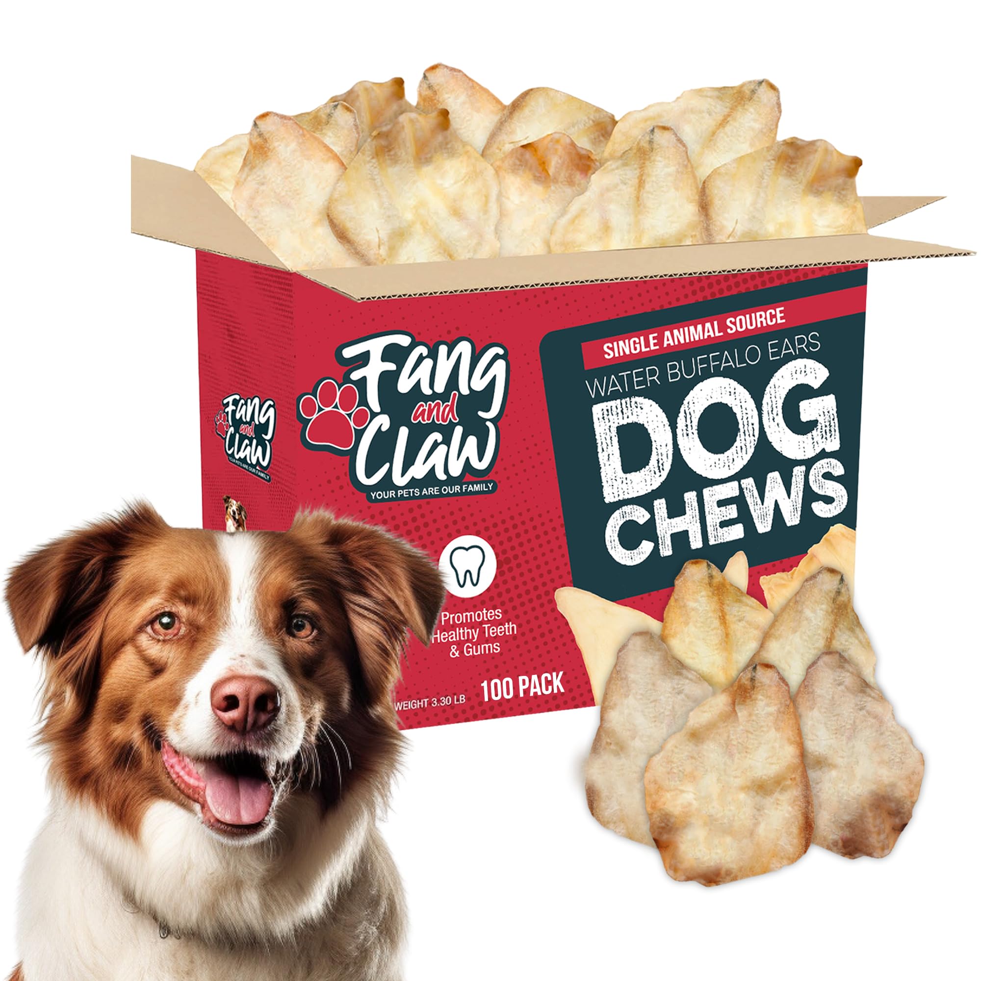 Fang and Claw buffalo ears bag closed, durable chew for strong chewers.